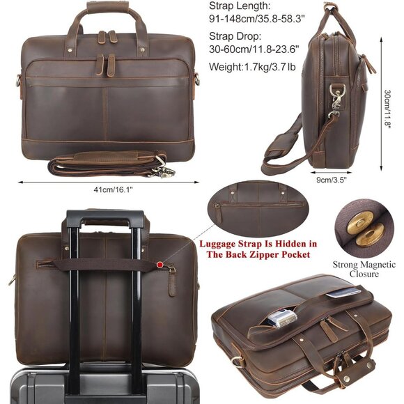 ⚡Men Deep Brown Fits 15.6 Inch Laptop Crossbody Bag Attached Leather Briefcase - Picture 2 of 9